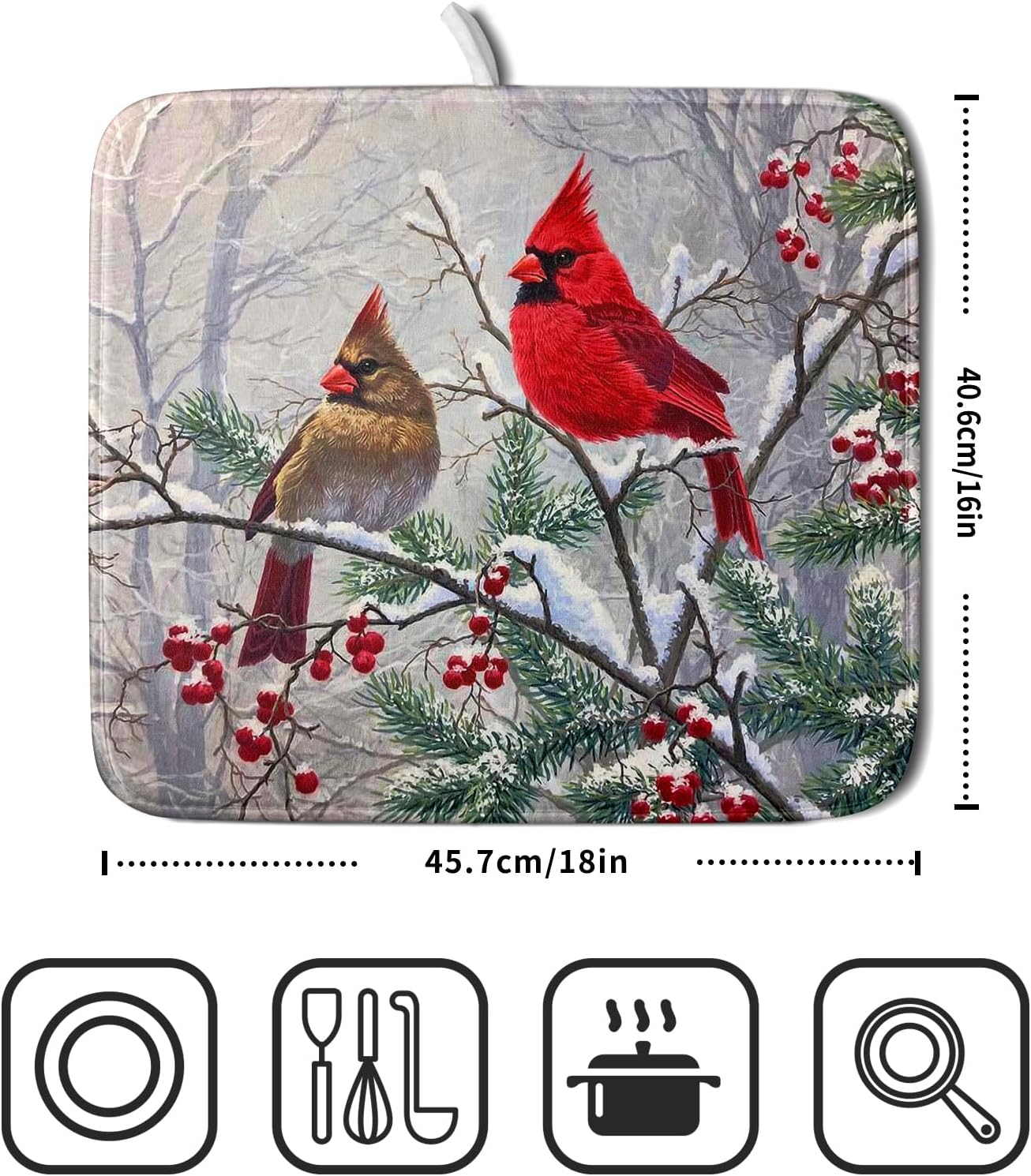 Red Bird Dish Drying Mat Merry Christmas Dishes Pad Absorbent Fast Dry Dish Drainer Mat Protector for Kitchen Counter 16 x 18 Inches