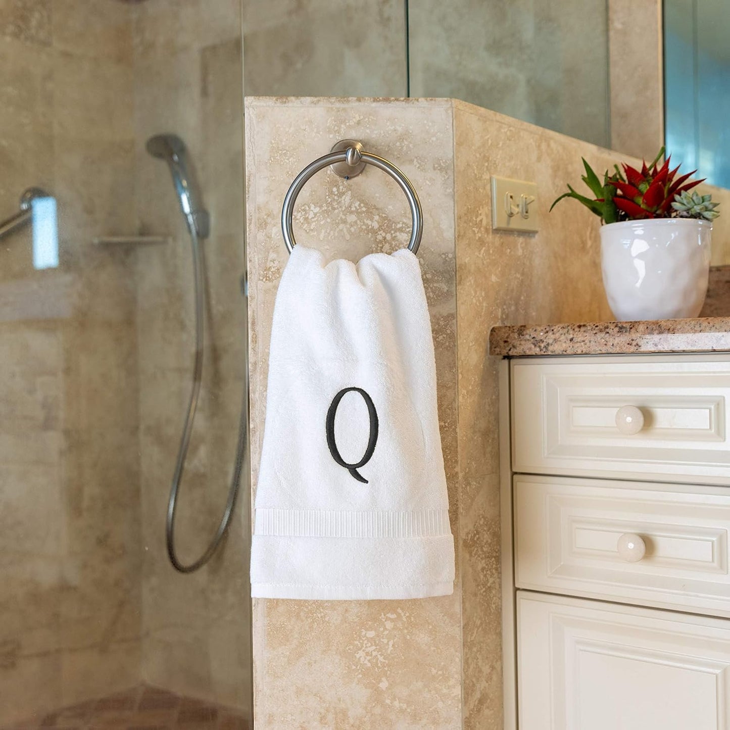 White Powder Room Hand Towel - Monogram Initial Hotel Quality Decorative Embroidered Luxury Towel for Spa - GOTS Organic Certified - Set of 2 Dark Gray Letter Q