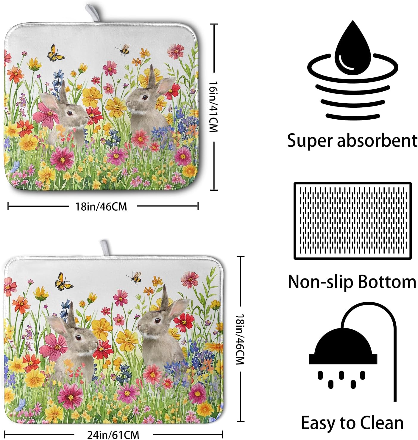 Easter Dish Drying Mat for Kitchen Counter Easter Bunny Flowers Dish Drying Pad Spring Rabbit Floral Dishes Drainer Mats Absorbent Microfiber Kitchen Countertop Protector Drying Mats 16x18 in