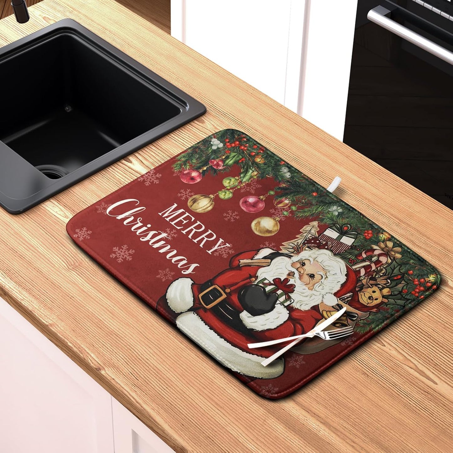 Merry Christmas Dish Drying Mat Santa Claus Kitchen Drainer Mats Microfiber Absorbent Winter Xmas Holiday Dishes Pad Reusable Dish Rack Mat for Countertop Tableware Decor 18x24 Inch