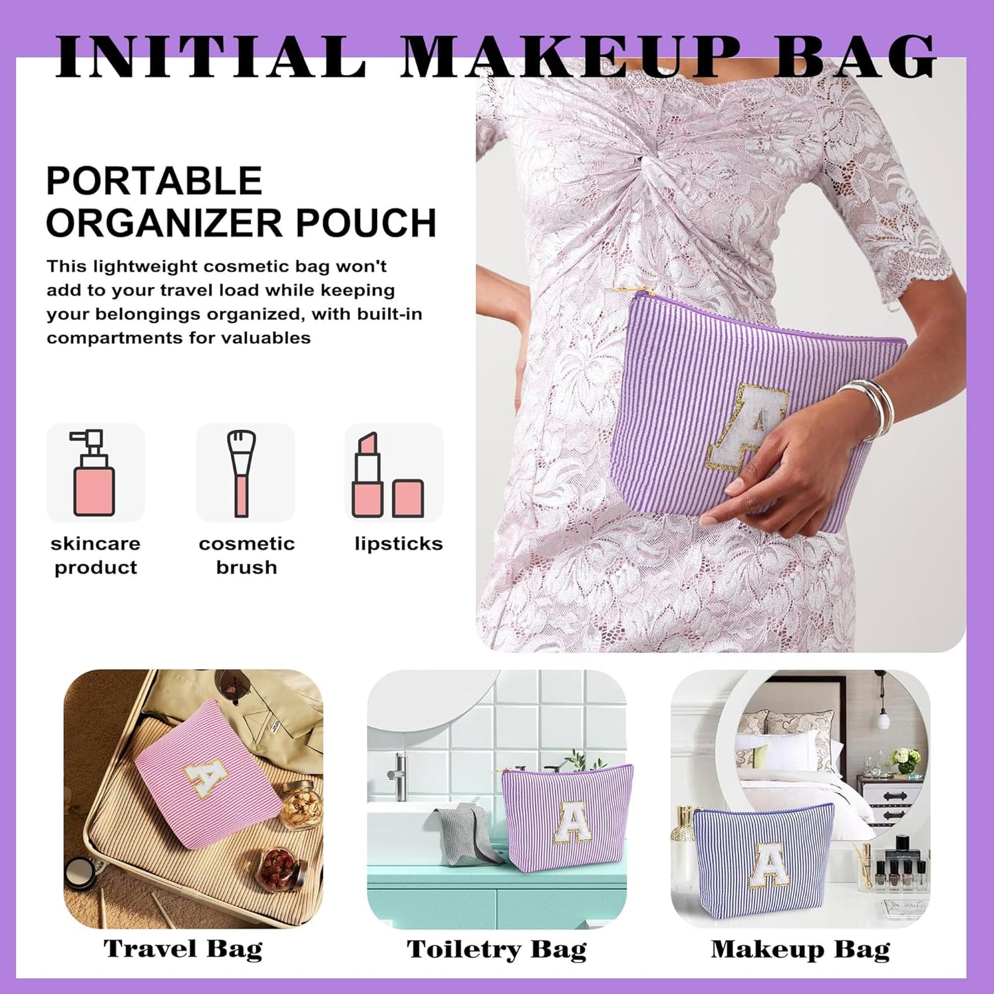 Travel Essentials - Portable Travel Makeup Bag Set for Women, Portable Initial Travel Toiletry Bag, Makeup Pouch Organizer Cosmetic Bag Birthday Gifts for Women, Purple Letter D