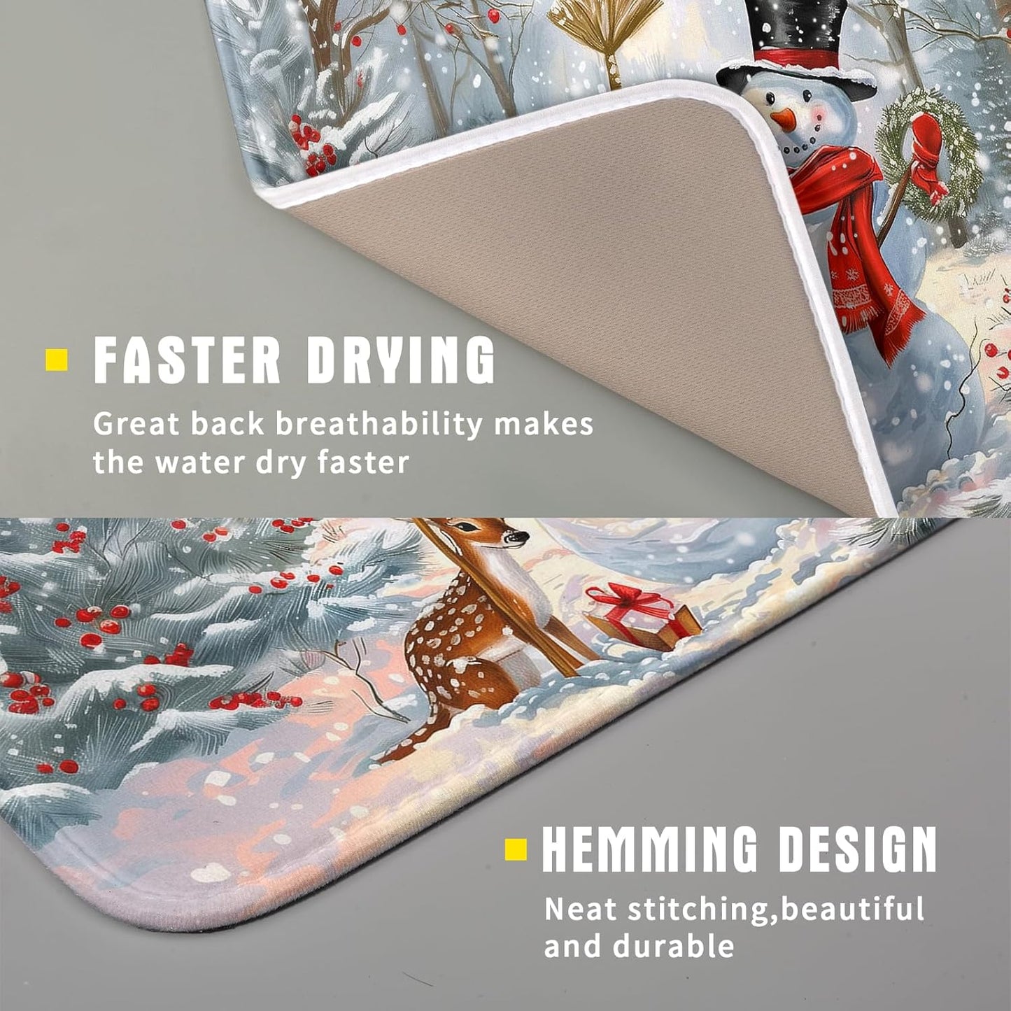 Winter Snowman Dish Drying Mat for Kitchen Counter Red Bird Berry Dishes Drainer Mats Holiday Microfiber Absorbent Dish Rack Pad 16x18 Inch