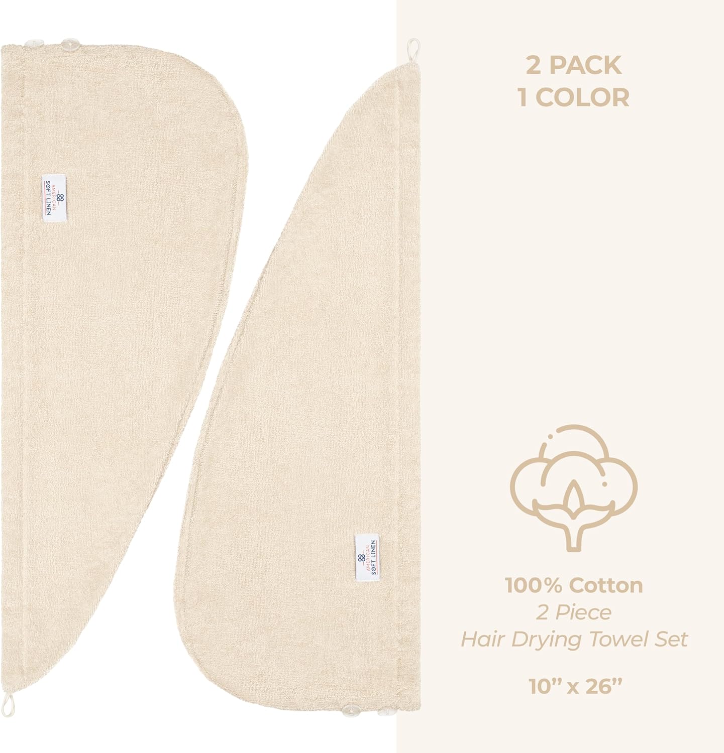 American Soft Linen 100% Cotton Hair Towels for Women, Head Towel Cap, Cotton Hair Turban Towel Wrap for Long Curly Anti Frizz Hair, Soft and Absorbent Cotton Hair Towels 2 Pack, Beige