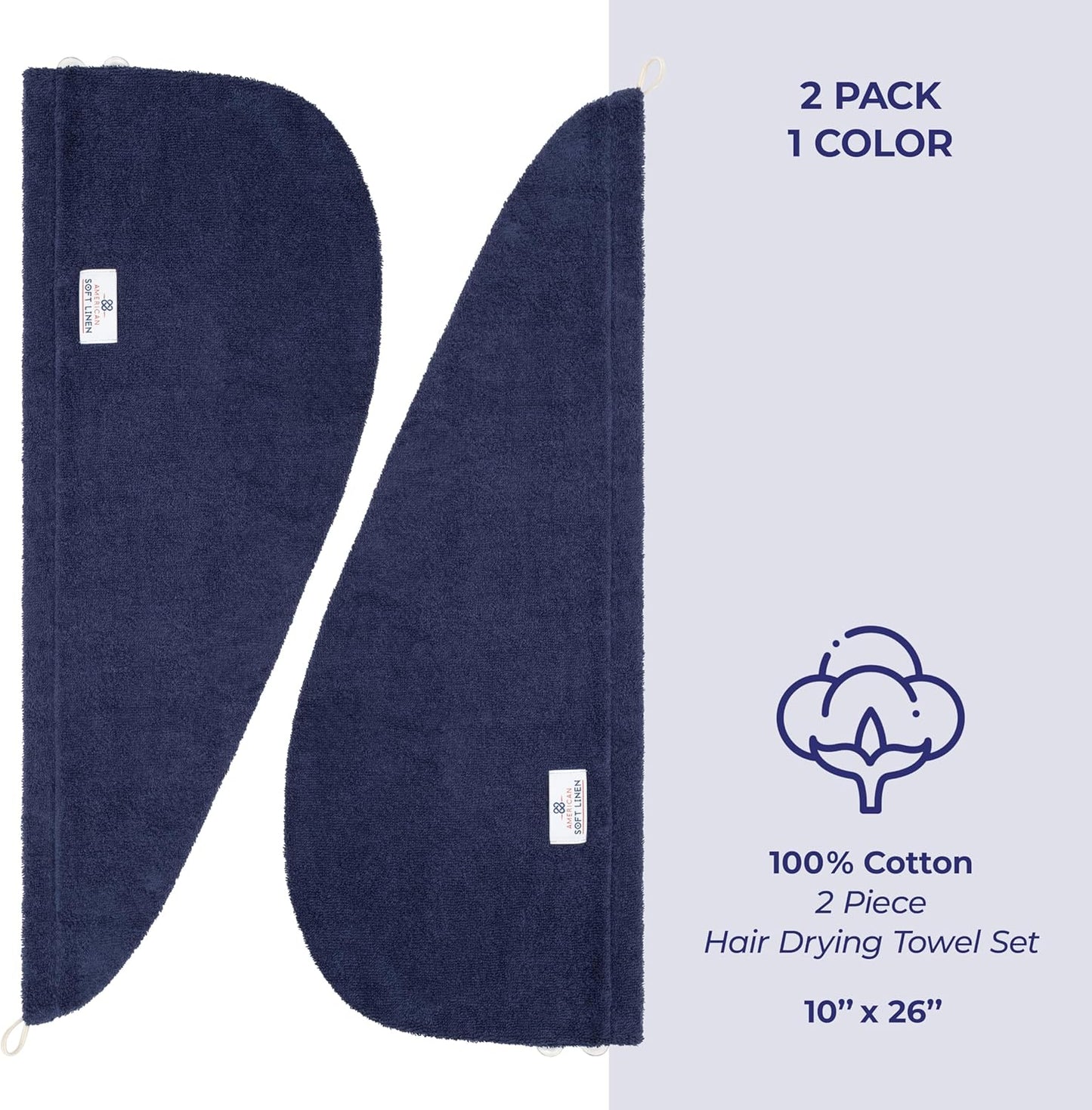 American Soft Linen 100% Cotton Hair Towels for Women, Head Towel Cap, Cotton Hair Turban Towel Wrap for Long Curly Anti Frizz Hair, Soft and Absorbent Cotton Hair Towels 2 Pack, Navy Blue