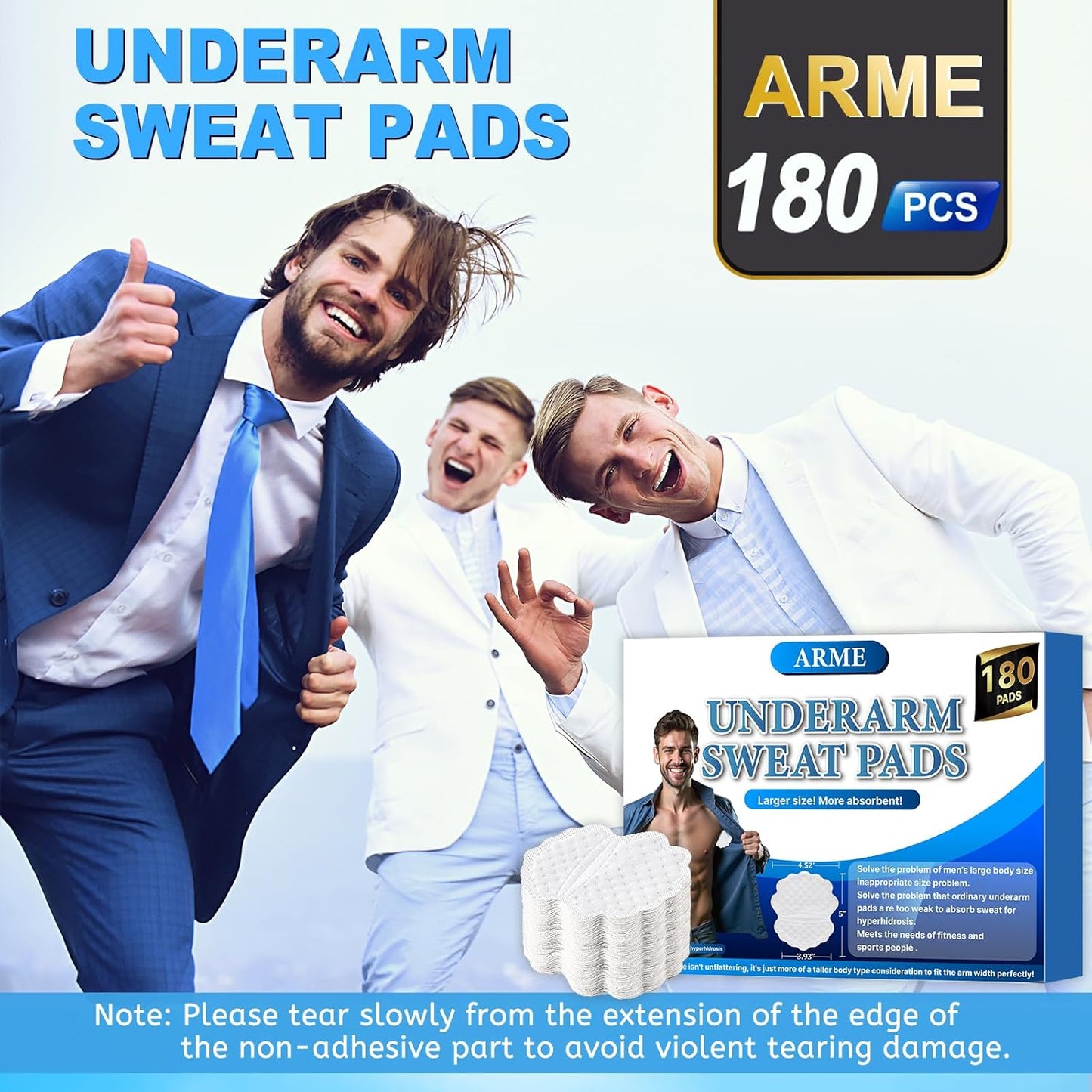 Arme Armpit Sweat Pads, 180 Pcs Wider and larger Underarm Sweat Pads for Men Hyperhidrosis, Disposable Sweat Pads for Under Arms, Sweat Free Armpit Protection for Outdoor Work Meeting