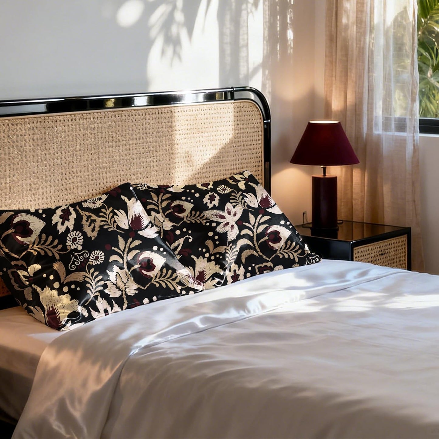 EXQ Home Satin Pillowcase for Hair and Skin Queen - Printed Red Flowers Silk Pillow Cases 2 Pack 20x30 inches - Satin Pillow Cases Set of 2 with Envelope Closure, Gifts for Women Men