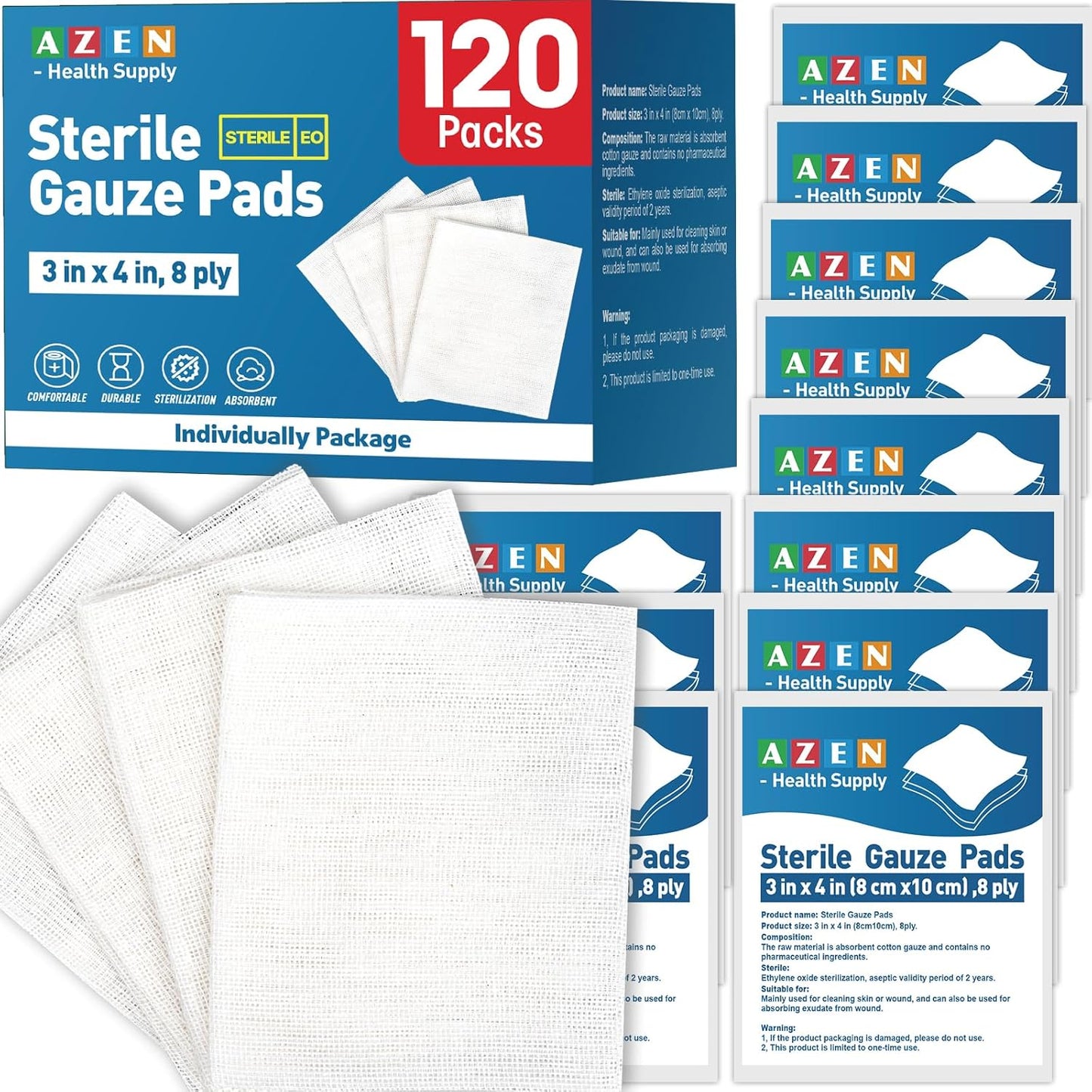 AZEN 120 Pack Sterile Gauze Pads, 3" x 4" Non Stick Gauze Pads, 8-Ply Cotton Gauze Sponges for Wound Care and First Aid, Highly Absorbent Individually Wrapped Medical Gauzes