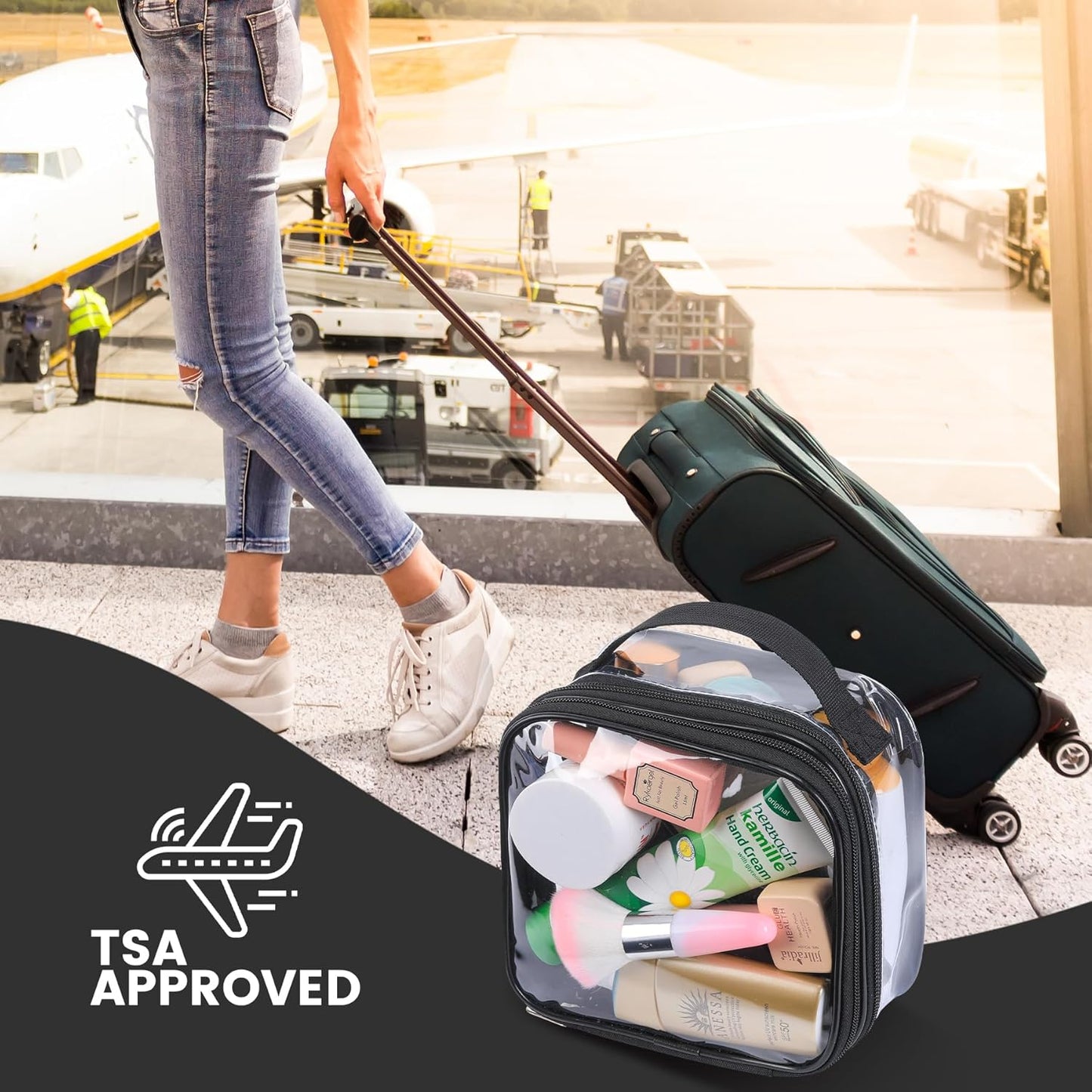 Clear pouches for travel toiletries vinyl TSA airport approved proof makeup bag reusable organizer (black)