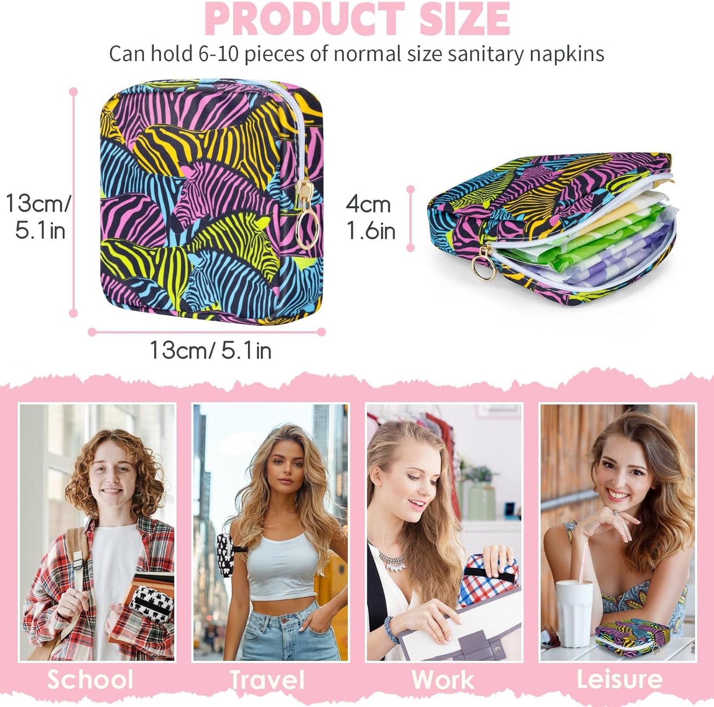 Desing Wish Period Bag Pouch Soft Cloth Sanitary Napkin Storage Bag Portable Menstrual Pad Pouches Tampon Holder for Purse First Period Kit for Girls 9-12 (Dazzling Zebra)