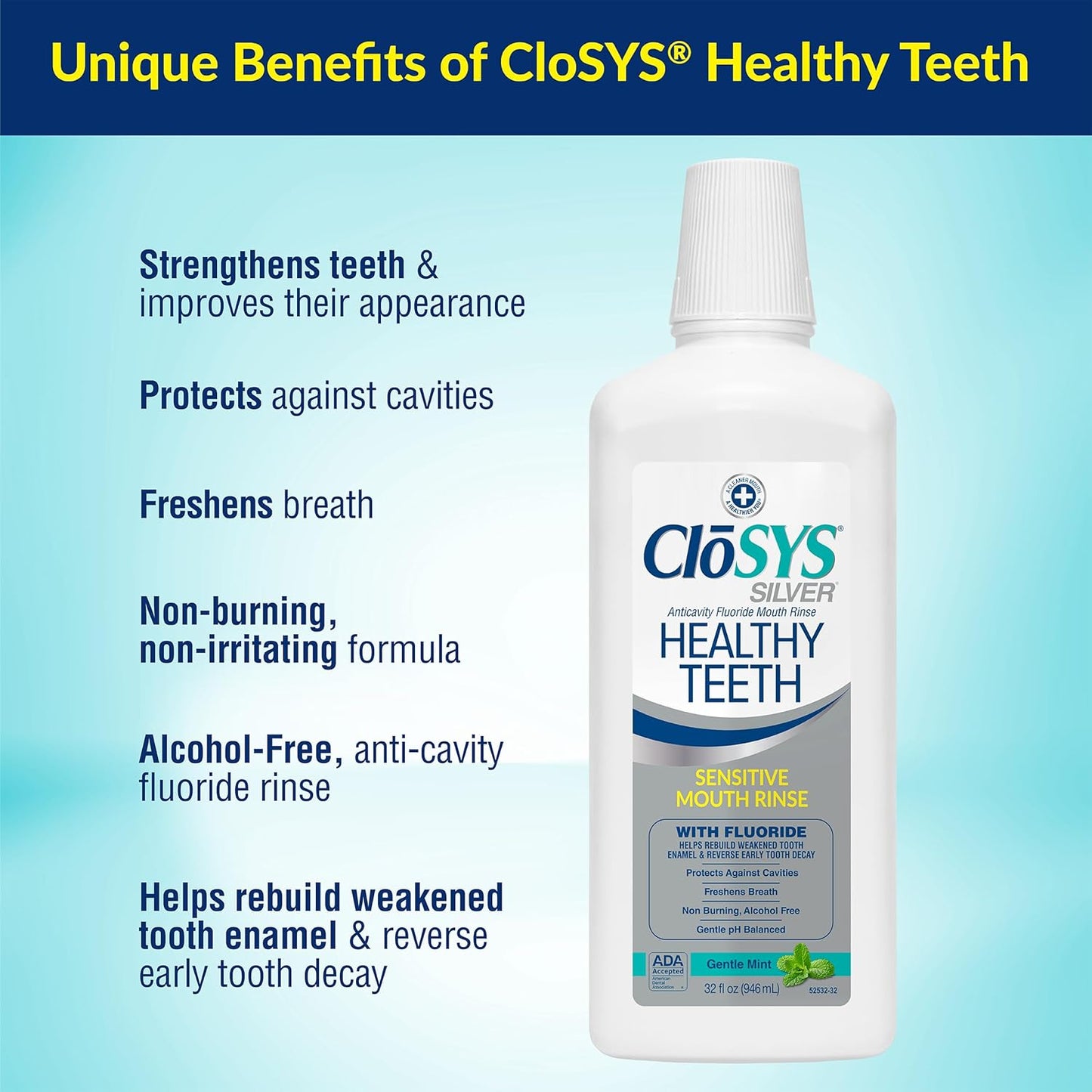 Closys Healthy Teeth Anti-Cavity Oral Rinse Mouthwash with Fluoride, Non-Burning, Non-Irritating – 32 Fl Oz