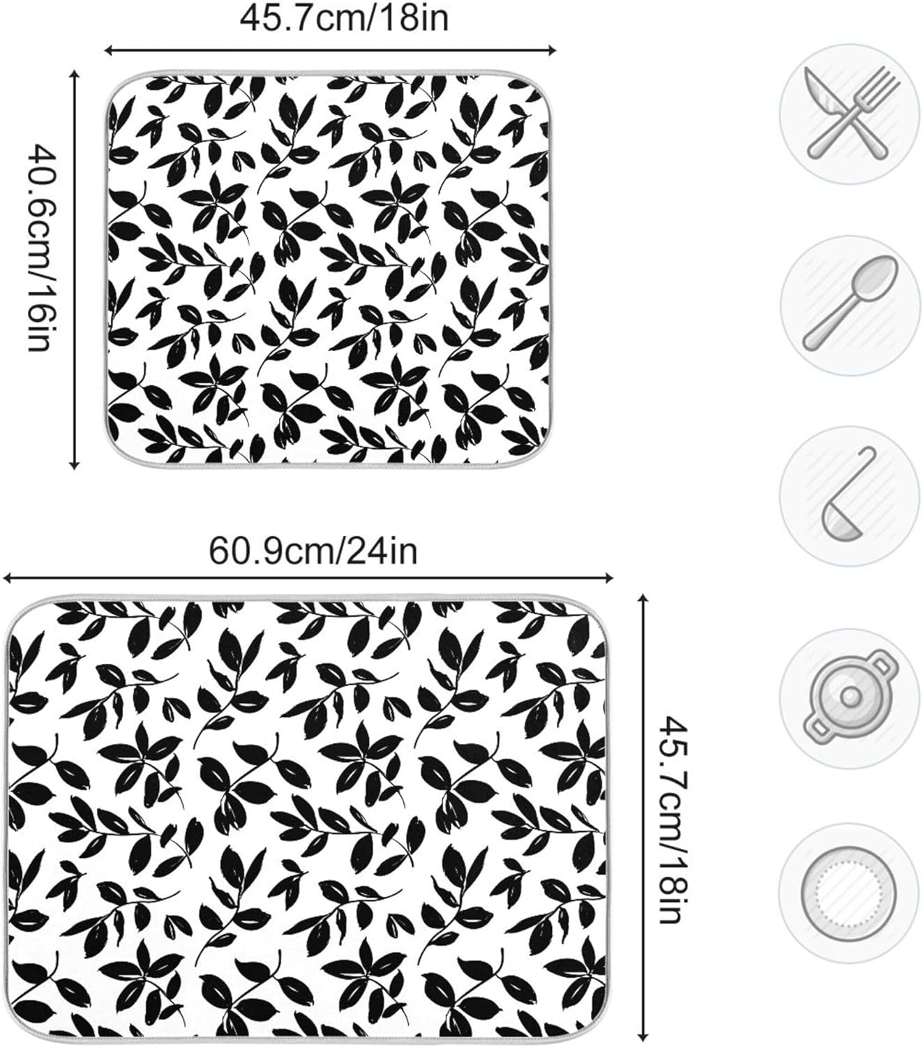 Eucalyptus Leaves Dish Drying Mat for Kitchen Countertop 16x18 Black White Floral Leaf Small Drying Mat Reusable Quick Dry Dish Sink Absorbent Mats Dishwasher Easy Clean Decorative Home Essentials