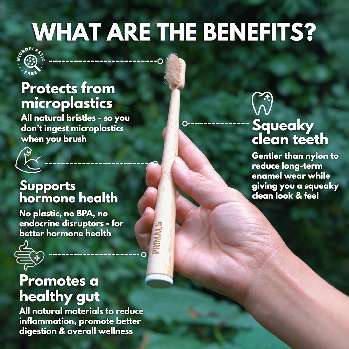 PRIMALS Boar Bristle & Bamboo Toothbrush (4-Pack) - Premium Boar Bristles - Fully Biodegradable - Plastic & Nylon Free - Quick Dry Design