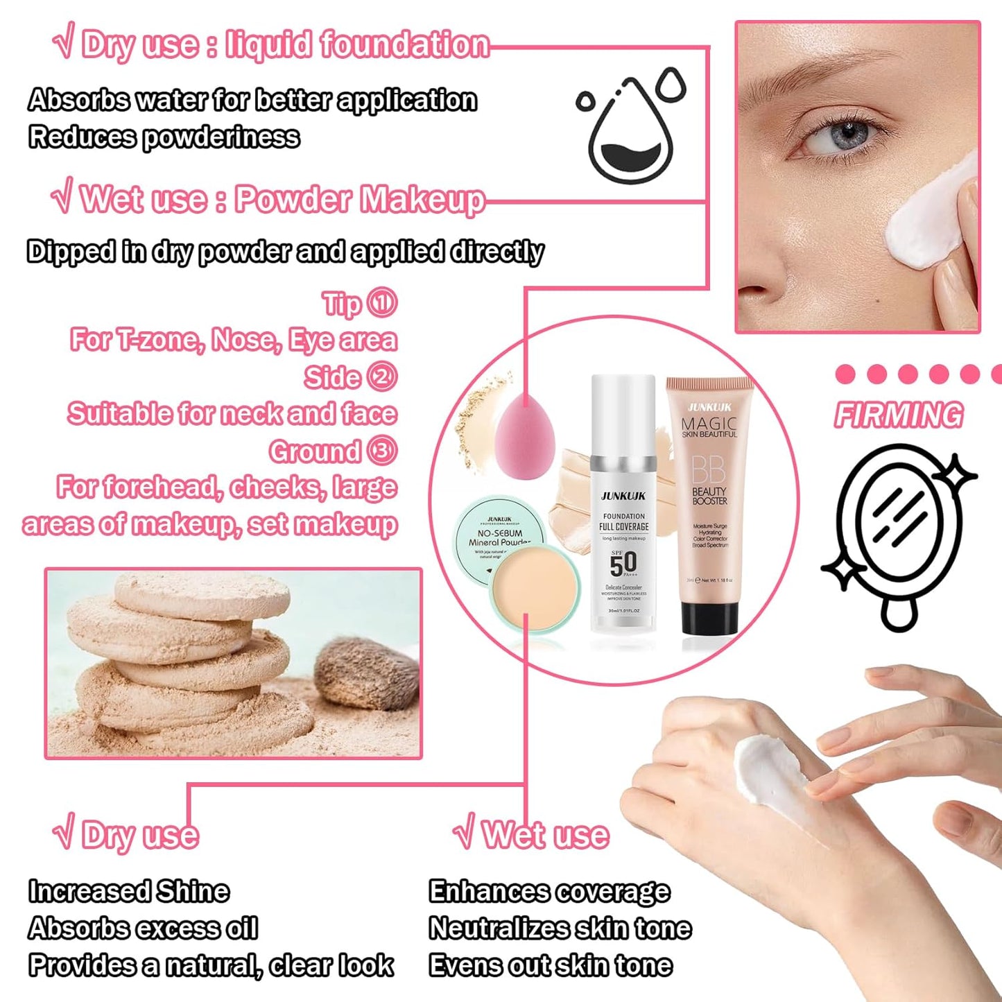 Color Changing Full Coverage Liquid Foundation Makeup Gift Set,Moisturizing BB Cream for Women,Flawless Loose Setting Powder Face Primer Base Makeup Kit With Make up Sponge