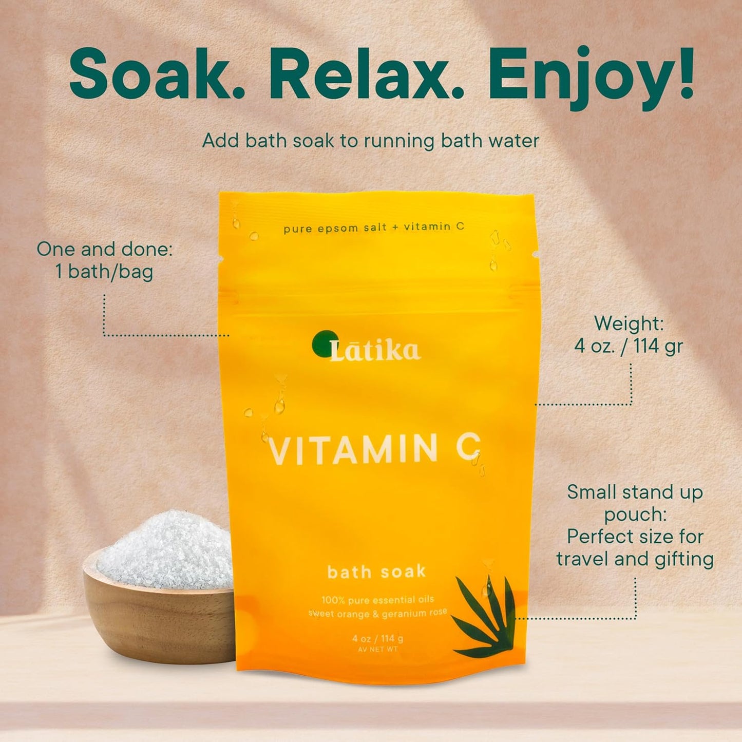 Soaks Set of 3 - Vitamin C Bath Soaks with Sweet Orange and Geranium Rose - Moisturizing Epsom Salt Soaks for Stress Relief, Detox, and Antioxidant Skincare - at Home Spa Retreat