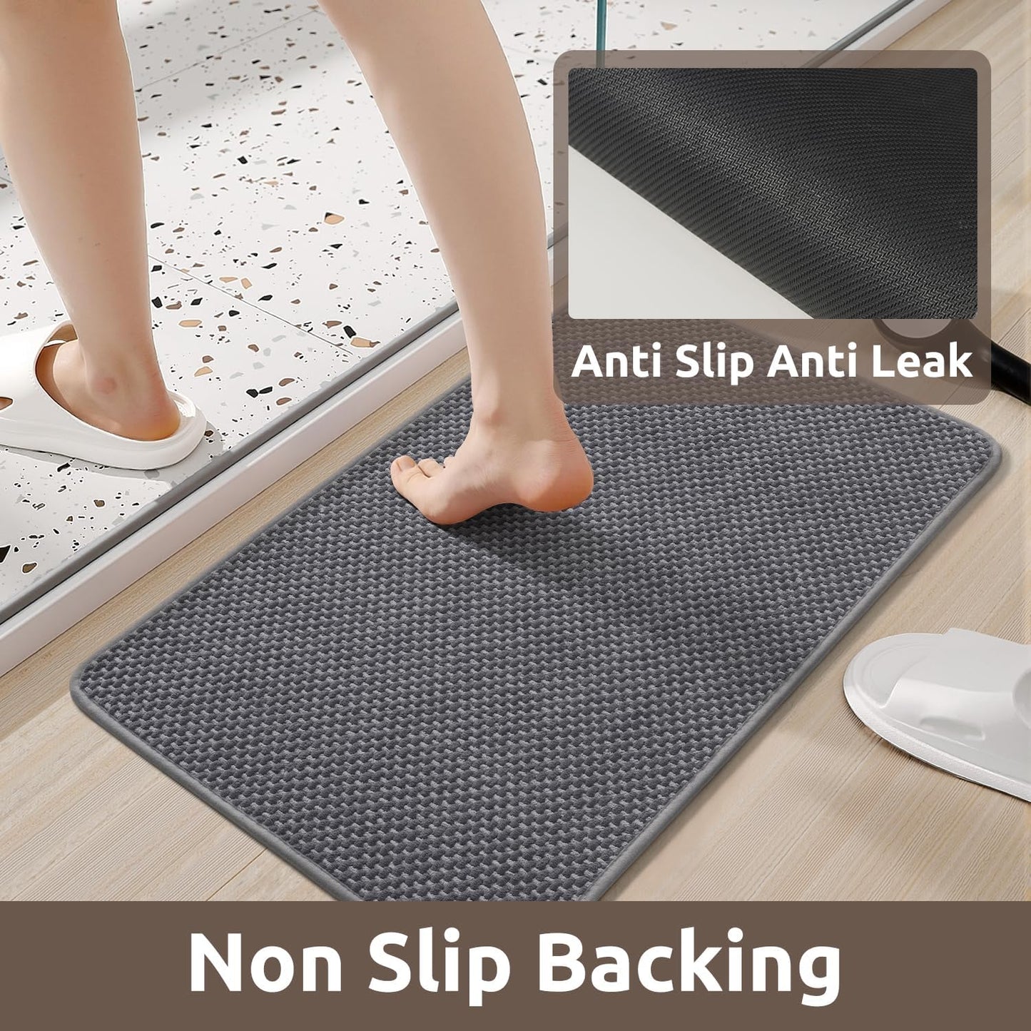 AMOAMI Chenille Bath Mat Super Absorbent Bathroom Mat Quick Dry Bath Mats for Bathroom Rubber Backed Bathroom Rugs Non Slip Washable Fit Under Door, Front of Bathtub, Sink, Darkgrey&LIGHTGREY 17"x24"