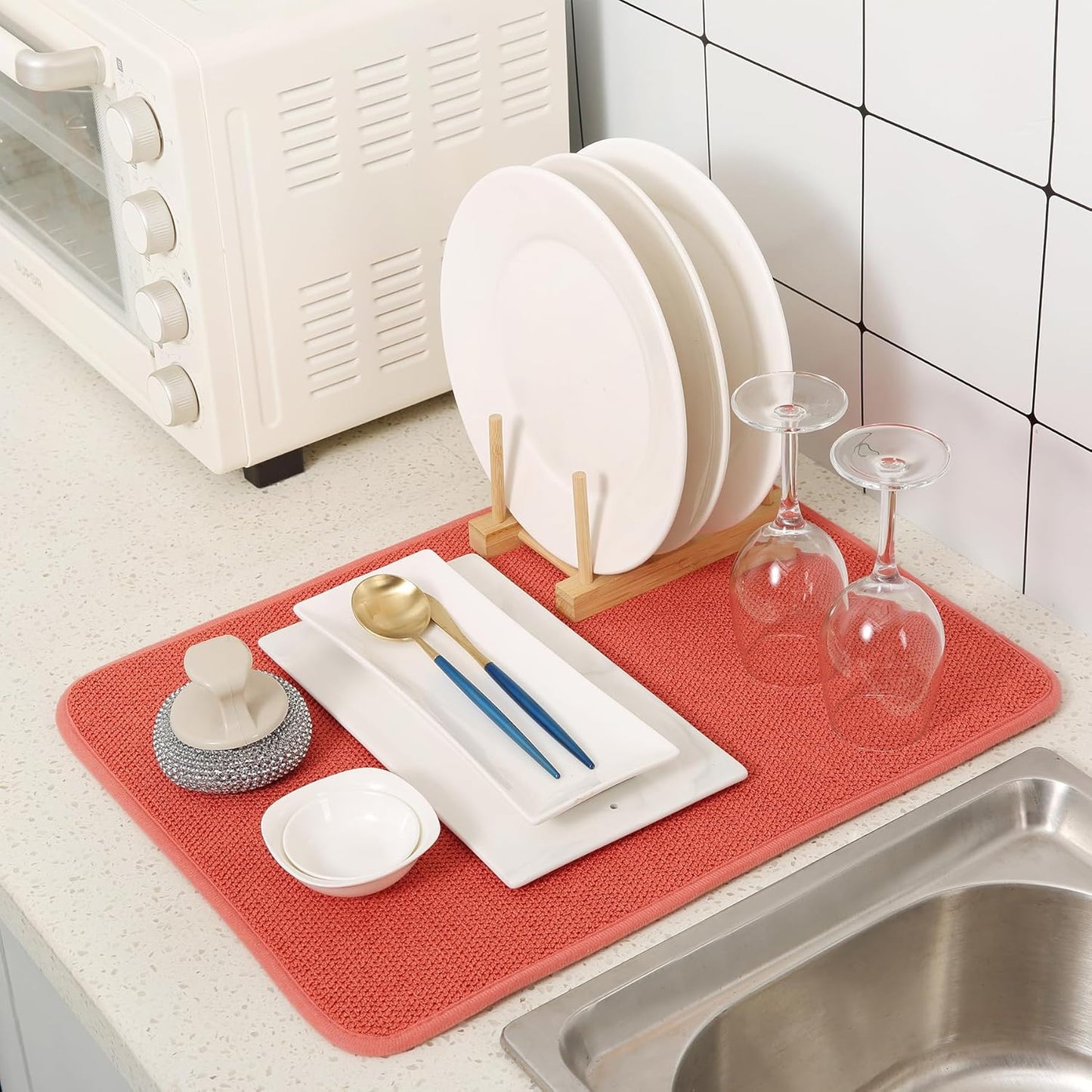 2 Pack Microfiber Dish Drying Mat for Kitchen Counter,Ultra Absorbent Dish Drainer Mat ,Dish Drying Pad , Dish Rack Mat 20×15 Inch (Red)