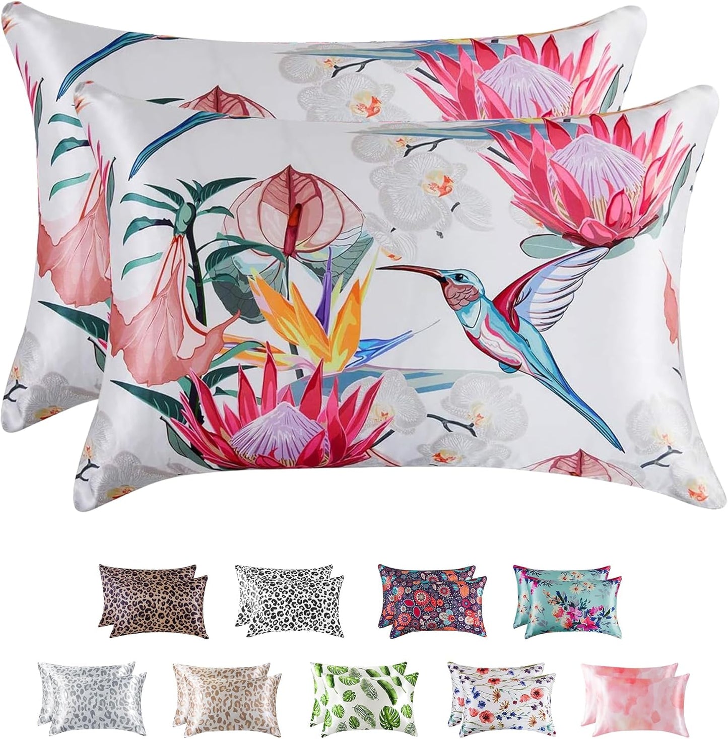 MR&HM Satin Pillowcase for Hair and Skin, Silk Satin Pillowcase 2 Pack, Queen Size Pillow Cases Set of 2, Silky Pillow Cover with Envelope Closure (20x30, Floral Bird)