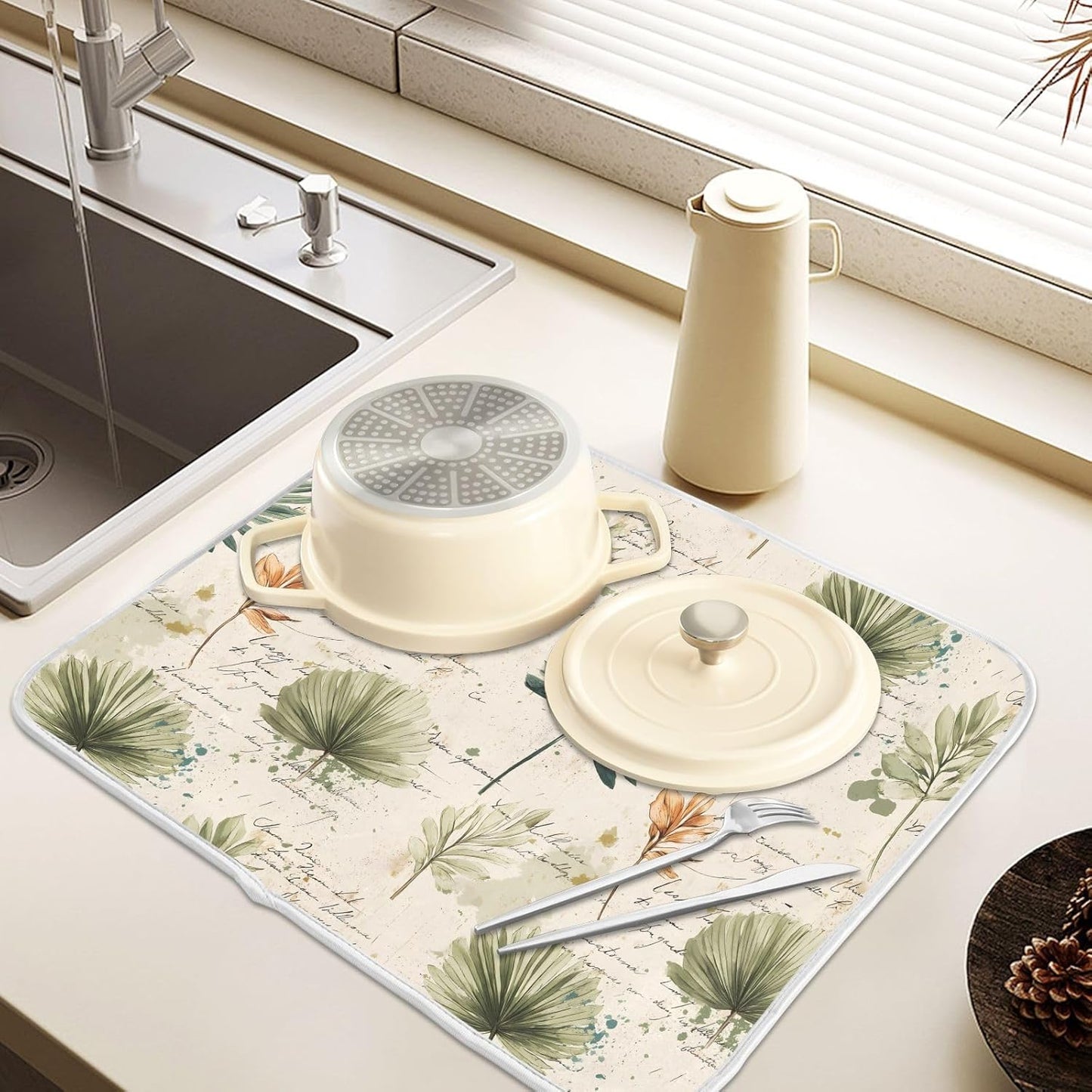 Palm Leaves Vintage Leaf Dish Drying Mats for Kitchen Counter, 18x24 inch Drying Dishes Absorbent Microfiber Dish Drainer Mat Rack Pad Fast Dry