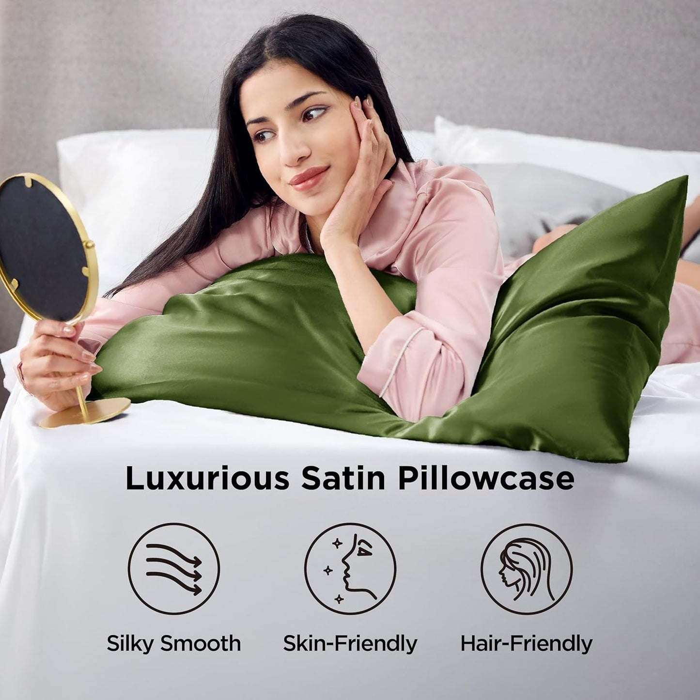 Bedsure Satin Pillowcase for Hair and Skin Queen - Olive Green Silky Pillowcase 2 Pack with Envelope Closure, Similar to Silk Pillow Cases, Gifts for Women Men, 20x30 Inches, 2pcs