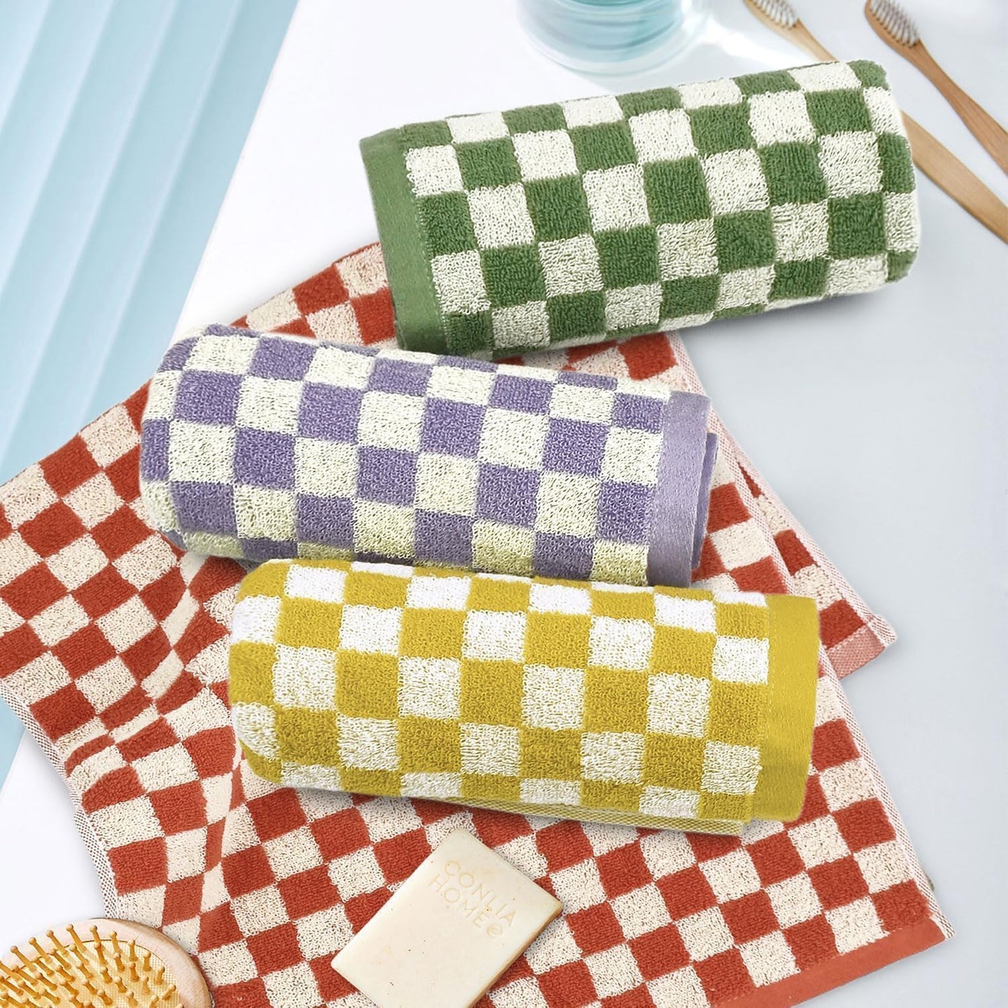 Jacquotha Hand Towels for Bathroom 4 Pack, Cotton Soft Absorbent for Face Spa Bath Gym Kitchen, Hand Towel Set Decorative Checkered, 13 x 29 Inches, 4 Colors