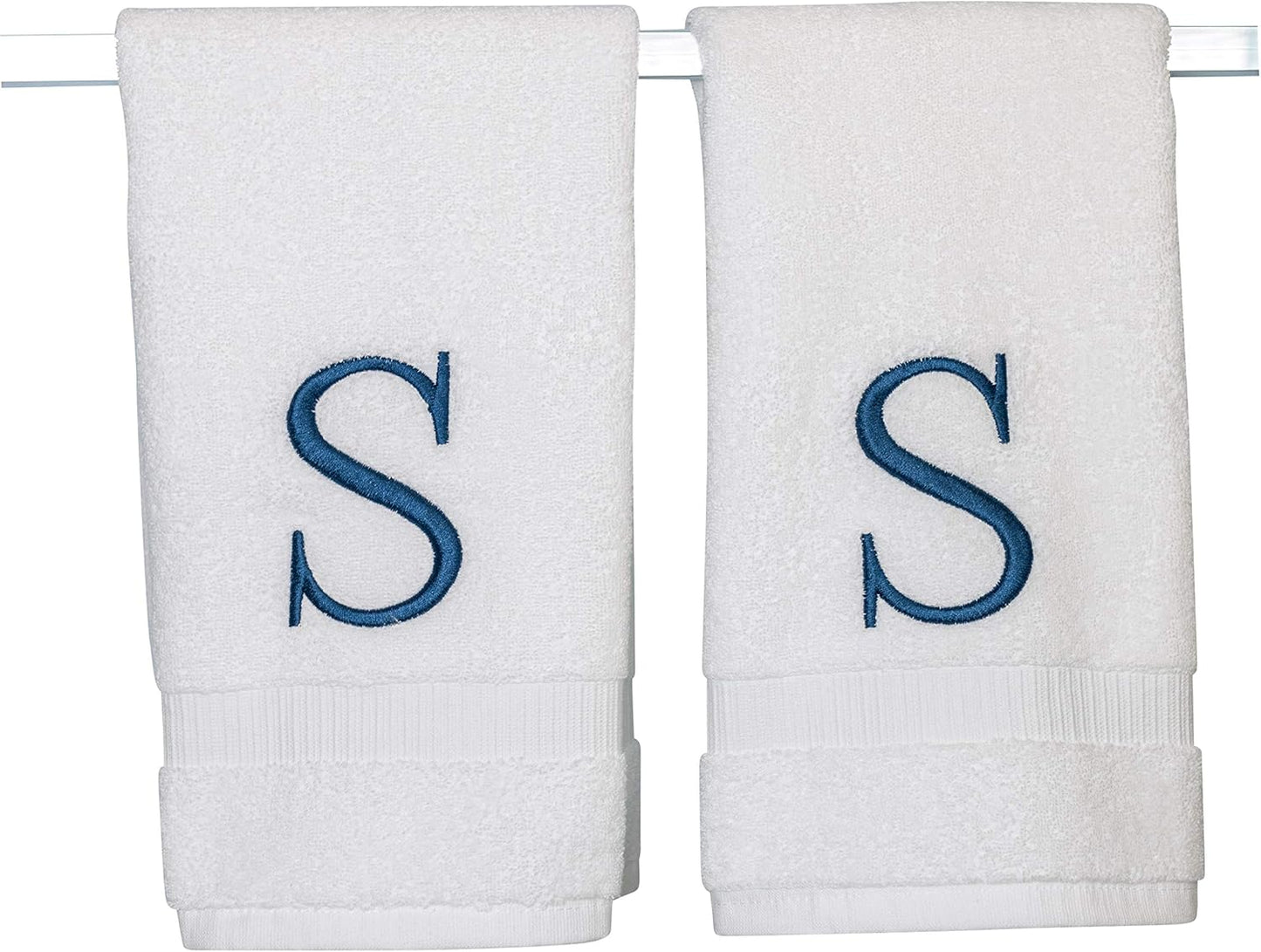 Monogrammed Hand Towels for Bathroom - Luxury Hotel Quality Personalized Initial Decorative Embroidered Bath Towel for Powder Room, Spa - GOTS Organic Certified - Set of 2 Navy Letter S