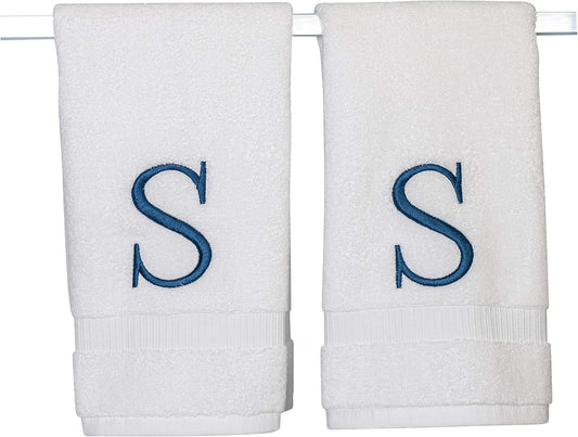 Monogrammed Hand Towels for Bathroom - Luxury Hotel Quality Personalized Initial Decorative Embroidered Bath Towel for Powder Room, Spa - GOTS Organic Certified - Set of 2 Navy Letter S