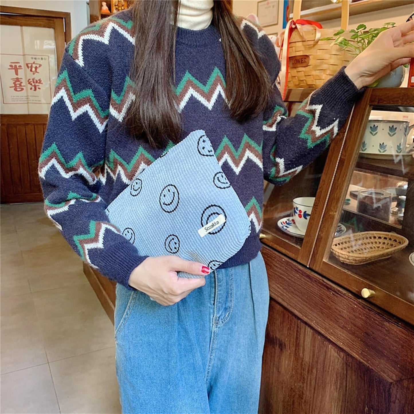 Cosmetic Bags for Women - Corduroy Cosmetic Bag Aesthetic Women Handbags Purses Smile Dots Makeup Organizer Storage Makeup Bag Girls Case Bags (A-Blue)