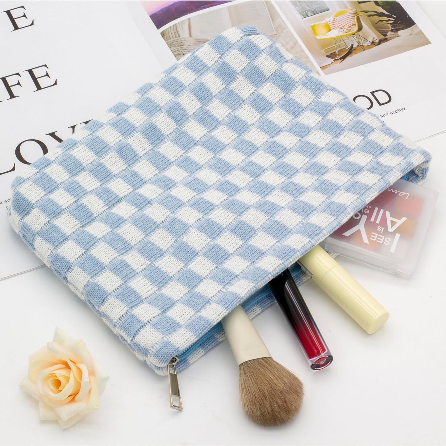 PAZIMIIK Knit Checkered Makeup Bag Large Zipper Make Up Accessory Pouch for Purse Cosmetic Brush Bag for Travel Essential,Blue