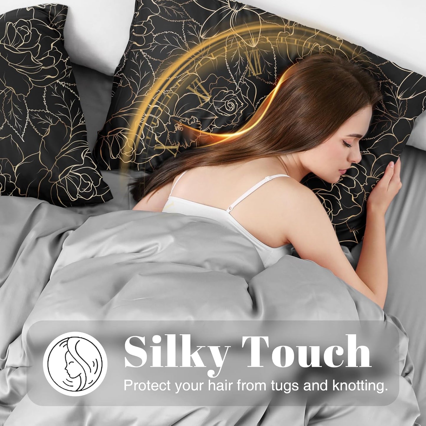 EXQ Home Satin Pillowcase for Hair and Skin- Rose on Black Silk Pillowcase 2 Pack 20x40 inches - King Size Pillow Cases with Envelope Closure, Gifts for Women