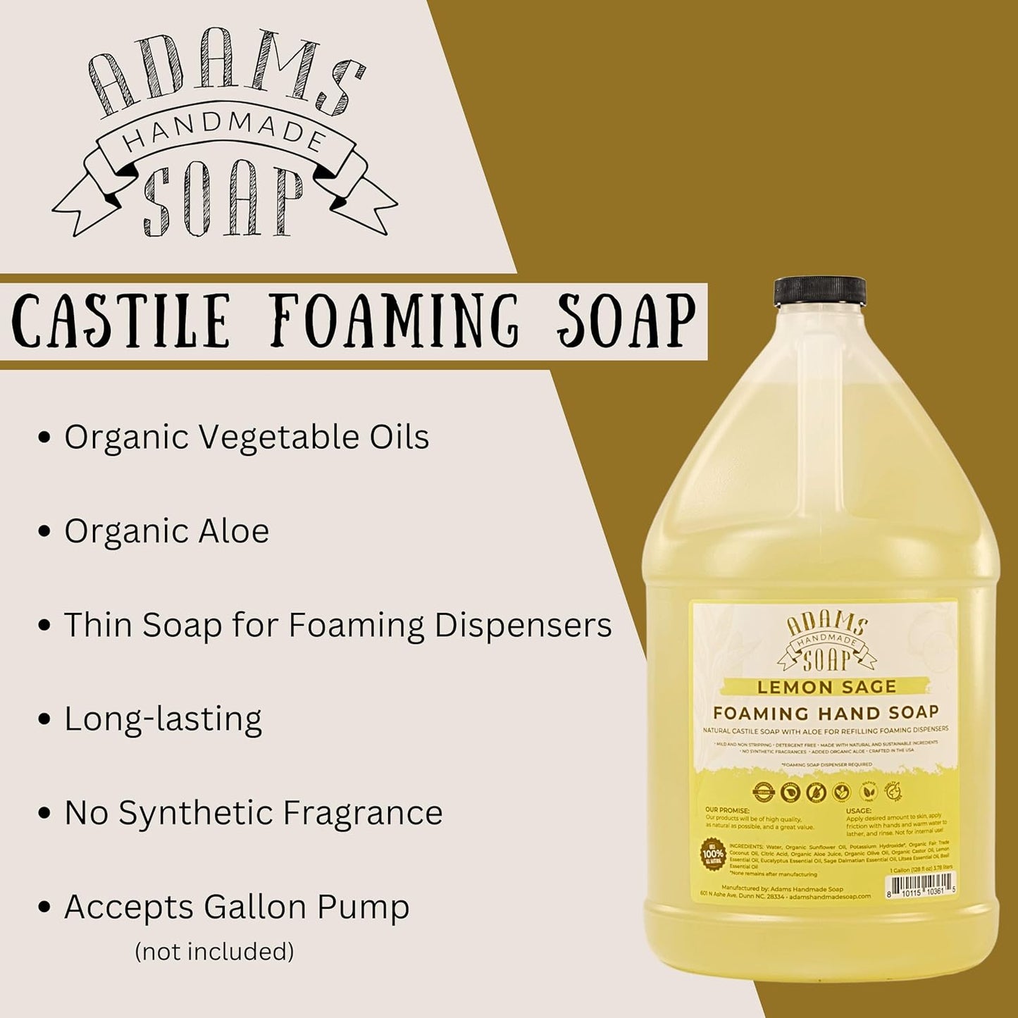 Adams Handmade Soap Liquid Foaming Soap 1 Gal - Lemon Sage (Pack of 4)