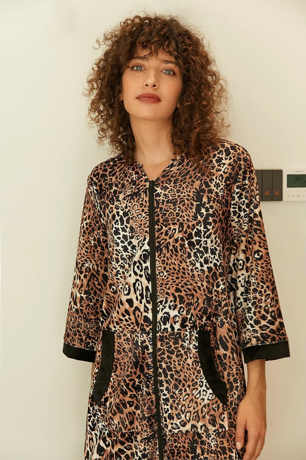 Ekouaer Women Zipper Robe 3/4 Sleeves Loungewear Dress Full Length Sleepwear Pockets Housecoat Nightgown Long Bathrobe