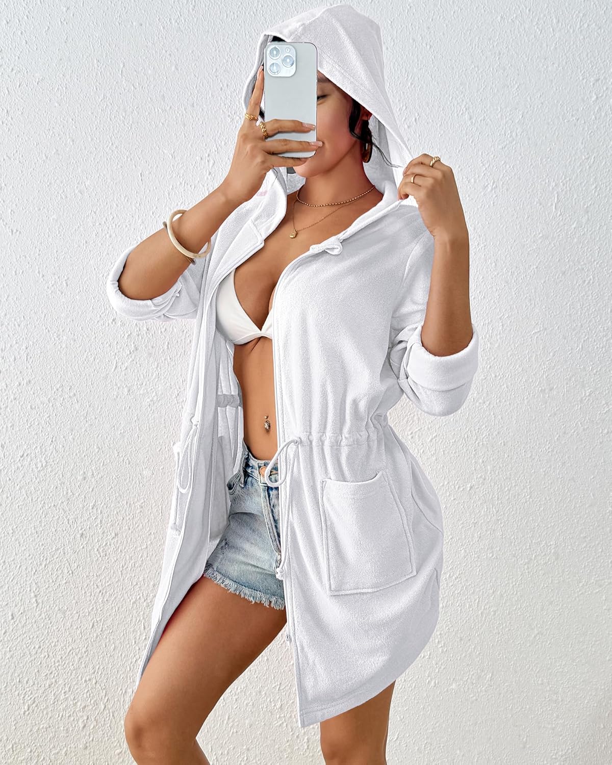 Bsubseach Terry Cloth Cover Up - Women Zip Up Long Sleeve Swimsuit Coverup Hooded Bath Robes with Pockets