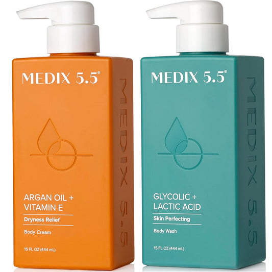 Medix 5.5 Glycolic Acid Exfoliating Face & Body Wash Cleanser + Argan Oil Moisturizing Body Cream Lotion 2PC Skin Care Set | Alpha Hydroxy Acid & Lactic Acid Foaming Face Wash, 2PC Set