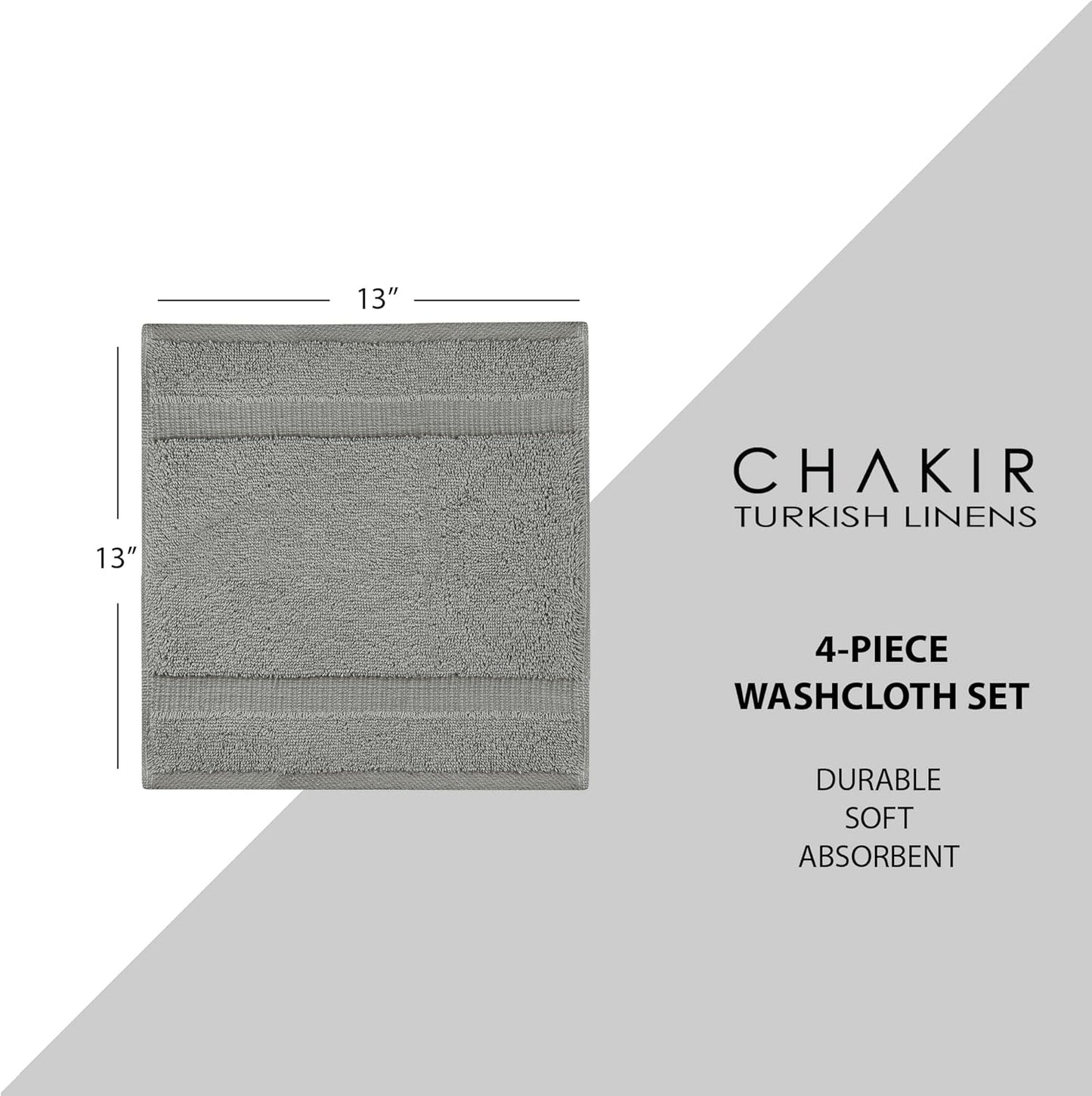 Chakir Turkish Linens | Hotel & Spa Quality 100% Cotton Premium Turkish Towels | Soft & Absorbent (4-Piece Washcloths, Gray)