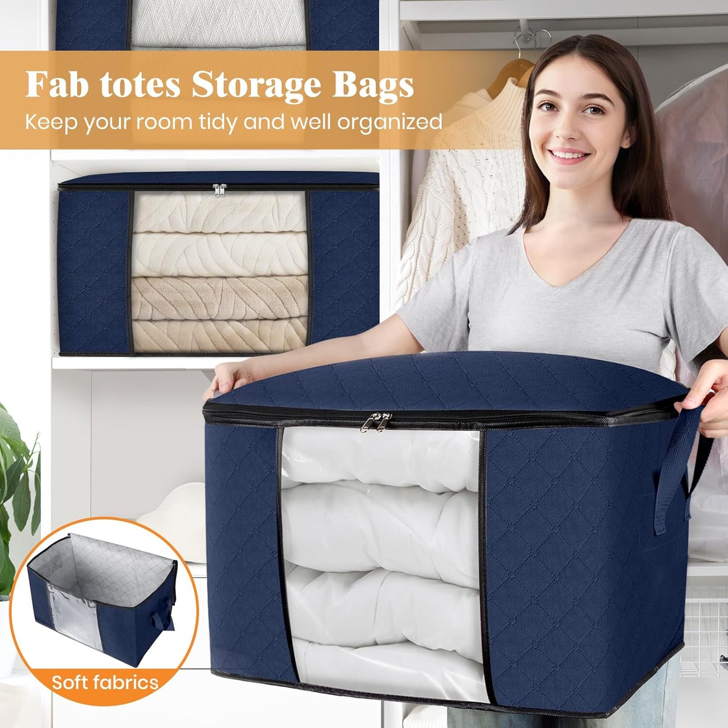 Fab totes 24 Gallons Clothes Storage, Foldable Thick Fabric Blanket Storage Bags, Containers for Organizing Bedroom, Closet, Clothing, Comforter, Organization with Handle (6 Pack,Blue)
