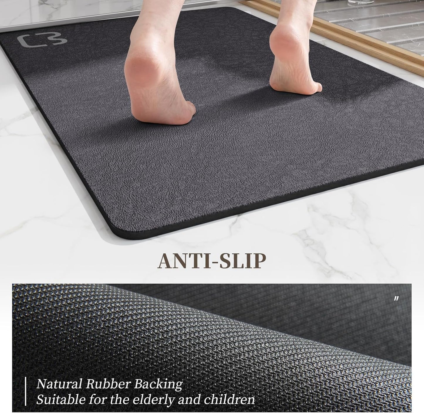 2 Piece Bathroom Rugs Mat Set - Quick Dry Diatomaceous Earth Bath Mat for Bathroom Non-Slip Bath Rug with Rubber Backing, Absorbent Bath Mats Thin Bath Floor Mat, 15.7x23.6+15.7x47.2 Inch, Dark Grey