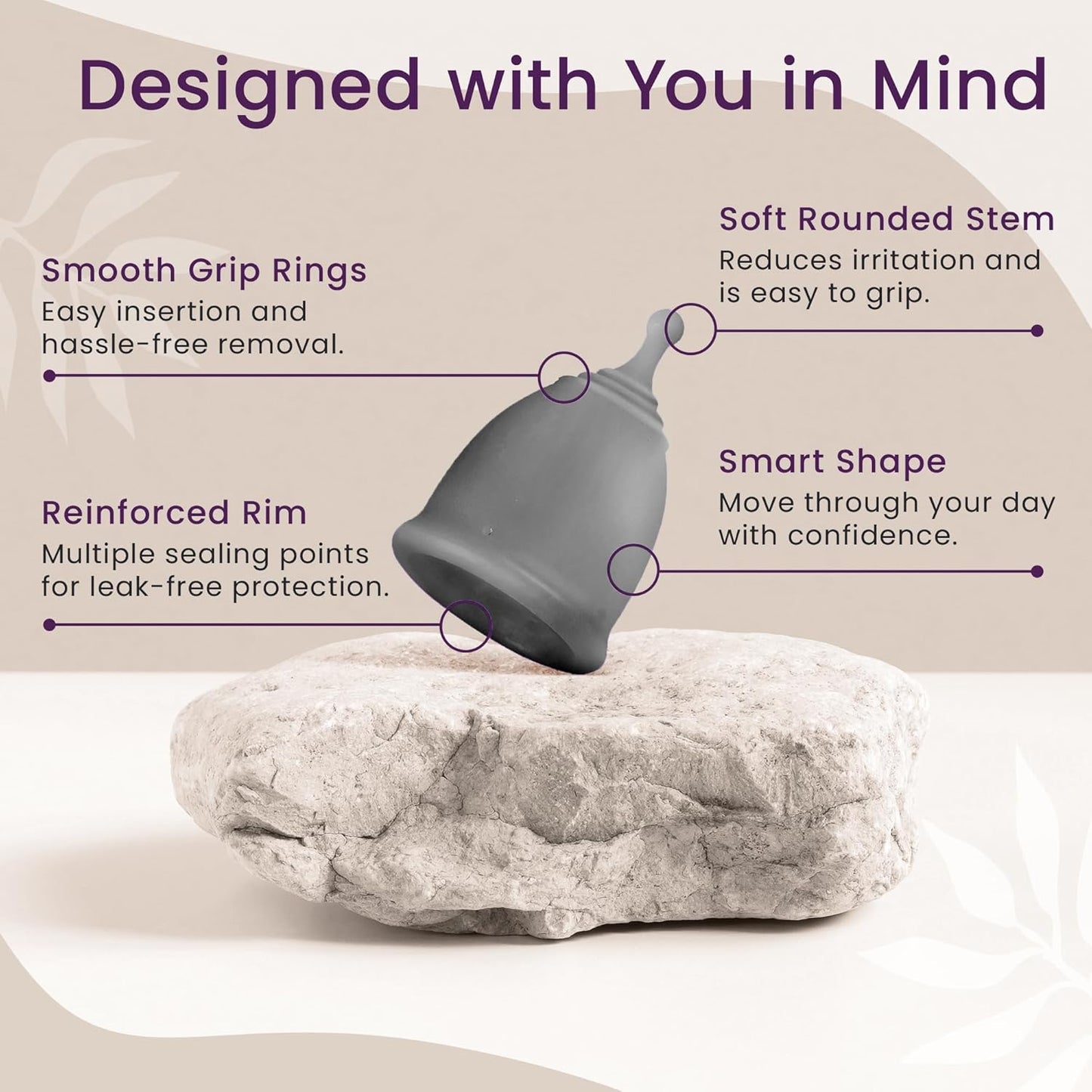 EcoBlossom Reusable Menstrual Cup and Case - The Most Reliable Medical Grade Silicone Period Cups - Comfortably use for 12 Hours (Large (Pack of 2), Gray Cup & Case)