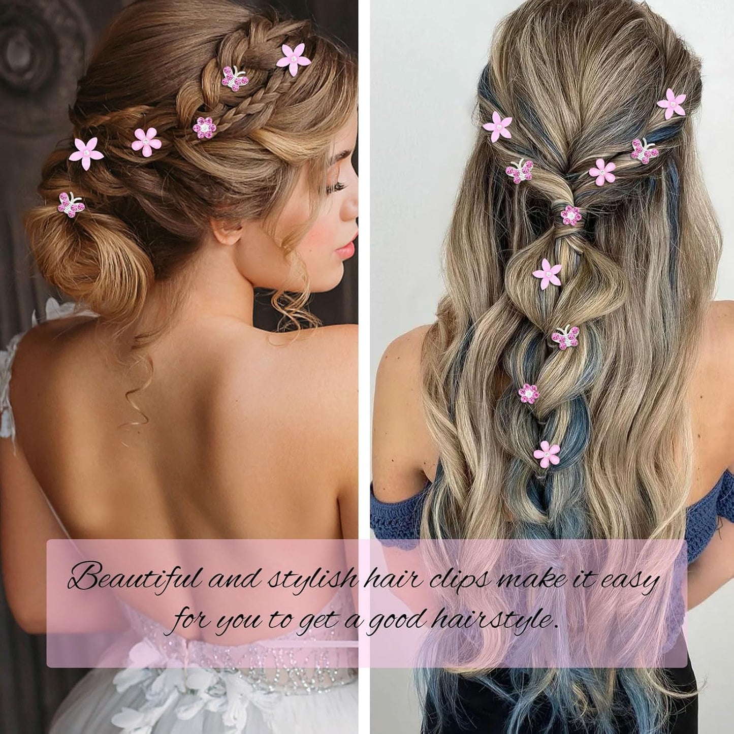 YISSION 20 Pcs Mini Pink Flower & Butterfly Rhinestone Hair Clips - Wedding & Bridal Hair Accessories for Girls & Women
