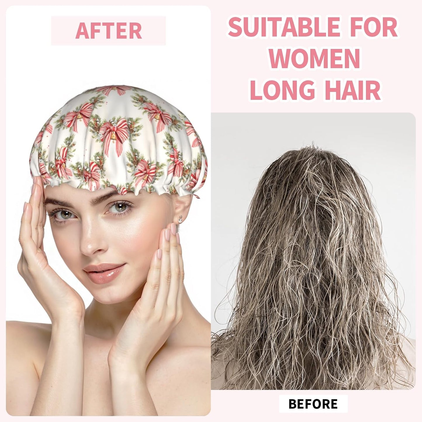 Xmas Shower Caps for Women Reusable Red Striped Bowknot Holly Berry Double Waterproof Layers Bath Hair Hat with Elastic Band Protects Hair in Shower Cooking Clean Makeup