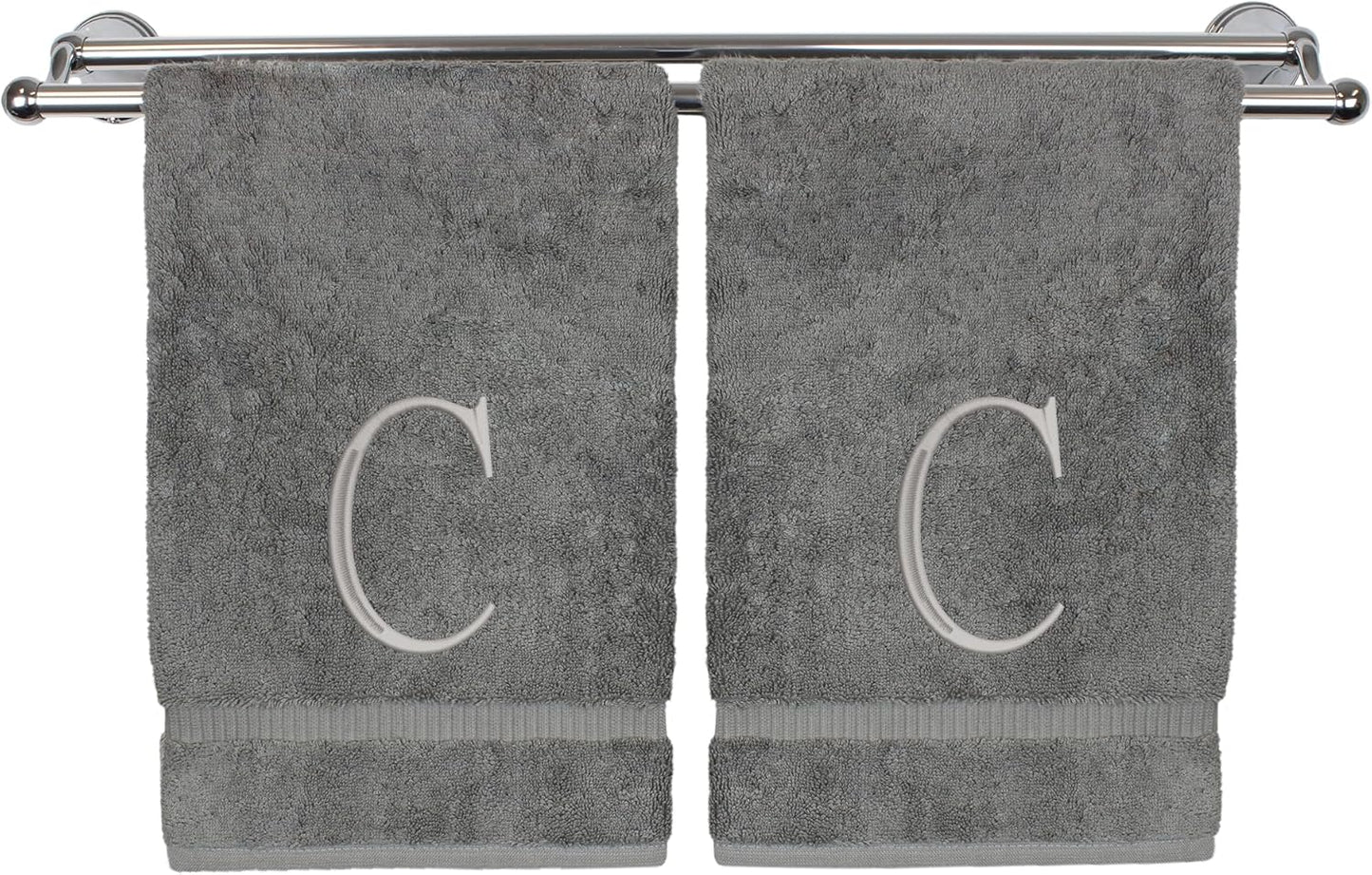 Monogrammed Hand Towel, Personalized Initial Gift, Extra Absorbent 100% Turkish Cotton - Soft Terry Finish - Set of 2 - Silver Block Initial C - Embroidered on Grey Towels