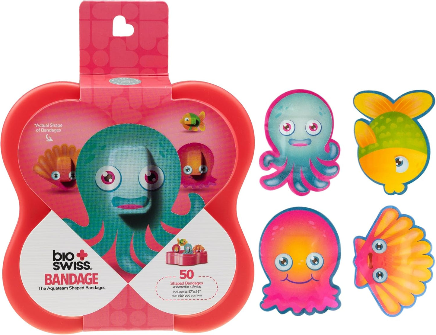 BioSwiss Kids Bandages, Aquateam Sea Creatures Shaped Self Adhesive Bandage Set, Latex Free, Sterile Wound Care, 50 Count