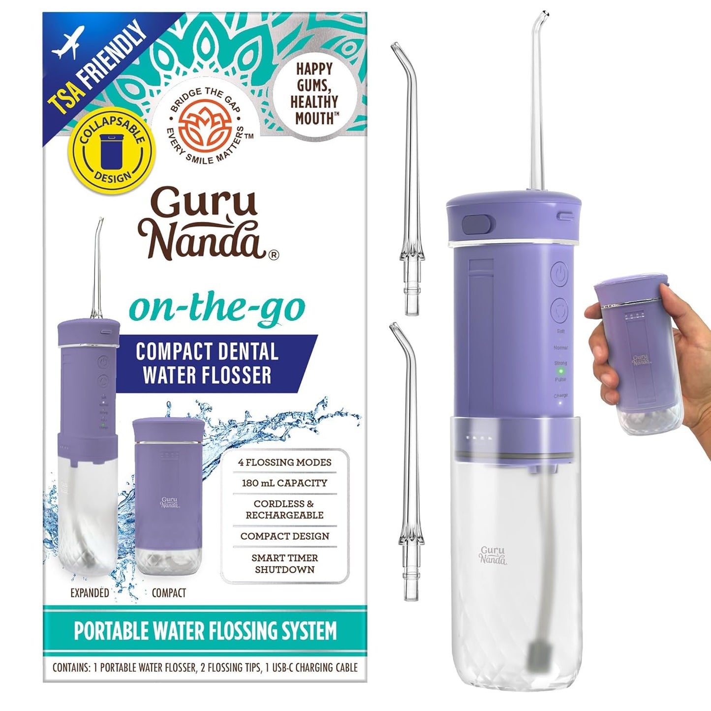GuruNanda Compact Water Dental Flosser, Portable Travel Size Oral Irrigator Flosser with Collapsible 180 ml Tank, Smart Timer, 4 Flossing Modes, TSA-Approved - Lavender