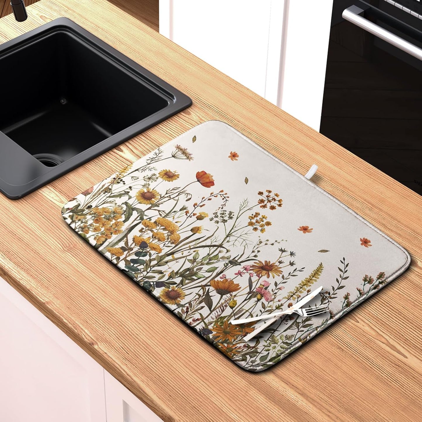 Fall Floral Dish Drying Mat for Kitchen Counter Autumn Burnt Orange Wild Flowers Dish Draining Mat Absorbent Microfiber Dishes Pad Washable Dish Drainer Rack Mat Medium 16"x18"