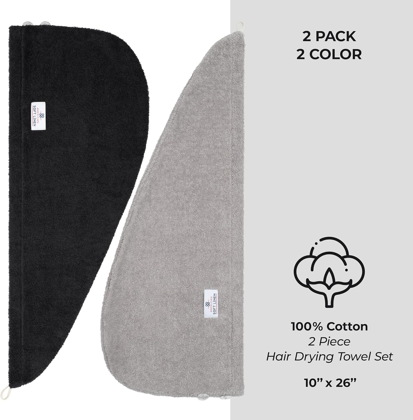 American Soft Linen 100% Cotton Hair Towels for Women, Head Towel Cap, Cotton Hair Turban Towel Wrap, Soft and Absorbent 2 Pack, Black-Light Gray