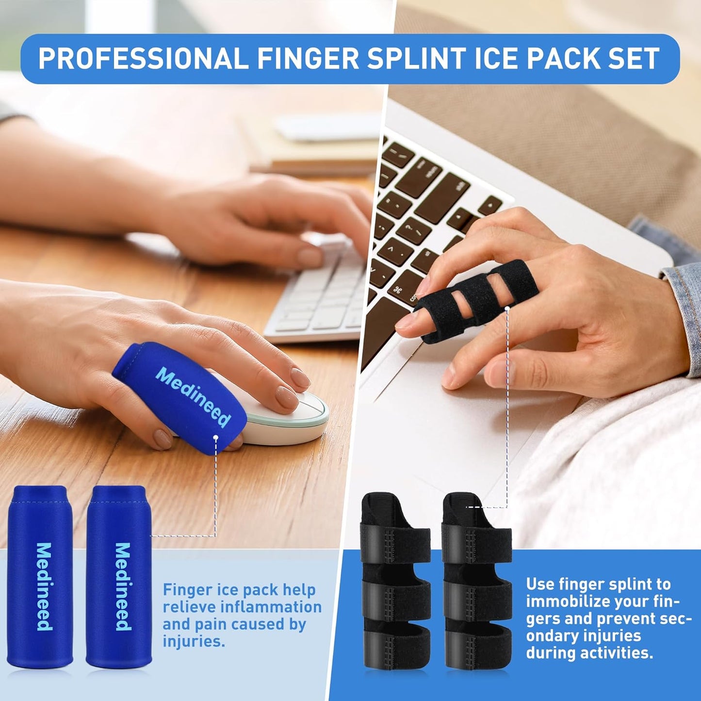 2PCS Finger Ice Pack & 2PCS Trigger Finger Splint, Thumb Splint & Sleeves Cold for Pain Relief, Reusable Compression Thumb Brace for Toe Injuries, Arthritis, Sprains (Blue2+2)