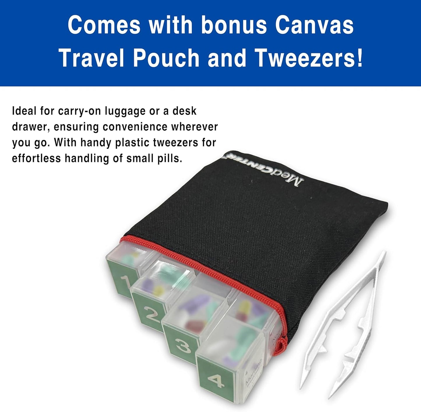 31-Day Low Profile Pill Organizer with Travel Pouch & Tweezers – Monthly Medication Management System with Daily Labeled Pill Boxes for Home & Travel Use