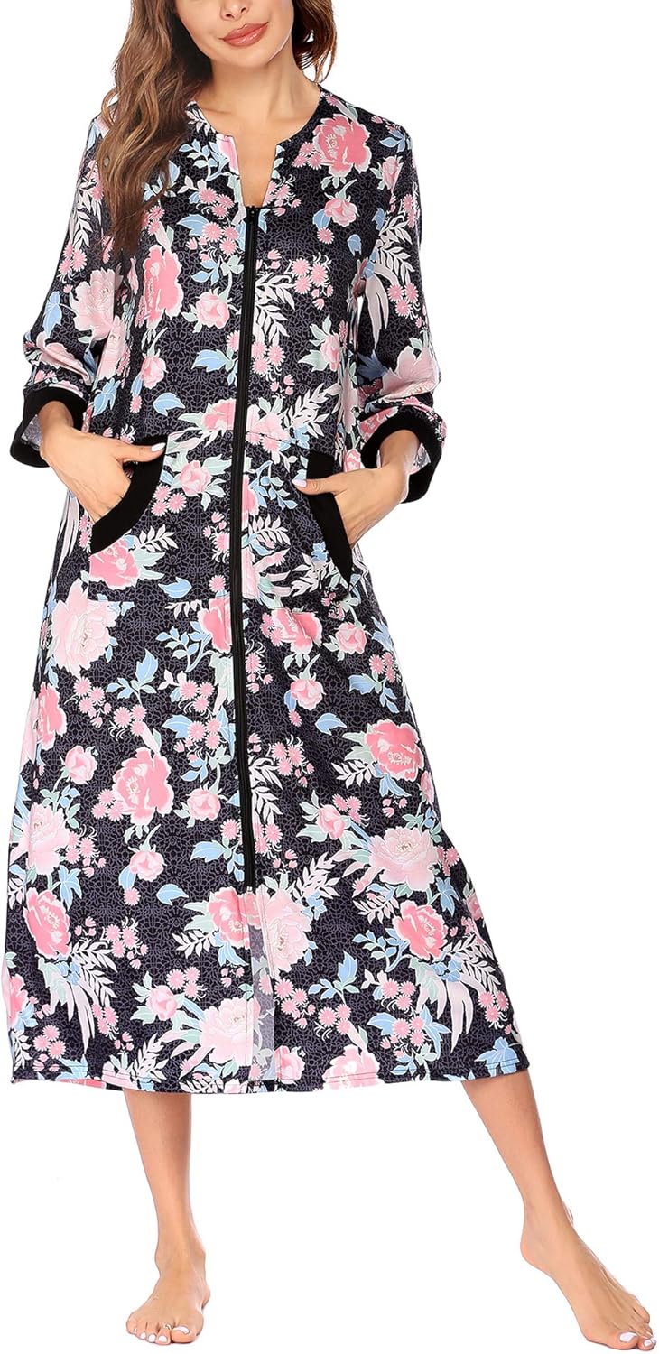 Ekouaer Women Zipper Robe 3/4 Sleeves Loungewear Dress Full Length Sleepwear Pockets Housecoat Nightgown Long Bathrobe