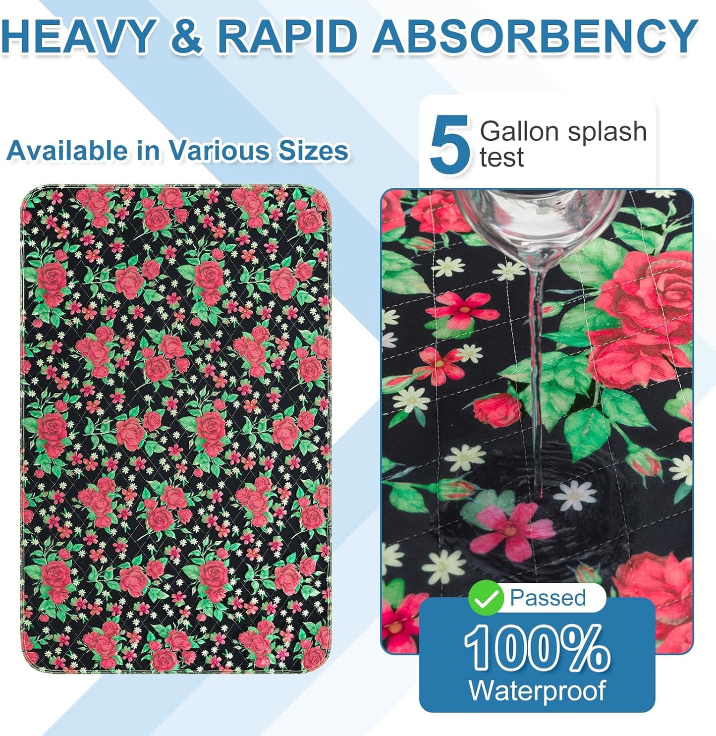 OUTCREATOR® Washable Bed Pads 34" x 76" (Pack of 2), Incontinence Mattress Protector, Anti-Slip Waterproof Underpads for Adults Kids Elderly Pets, Absorbency & Reusable Bedwetting Pads (Red Flower)