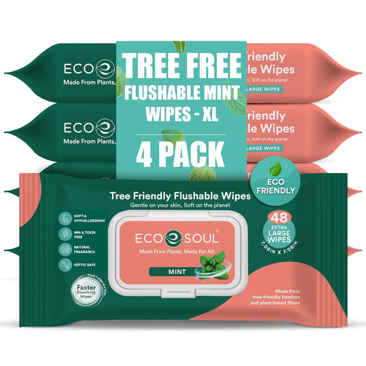 ECO SOUL Bamboo Flushable Wipes For Adult- Mint 192 Wipes |4 Pack of 48| Eco-Friendly Wipes| 99% Purified Water, Hypoallergenic, Soft Wipes, BPA & Paraben free
