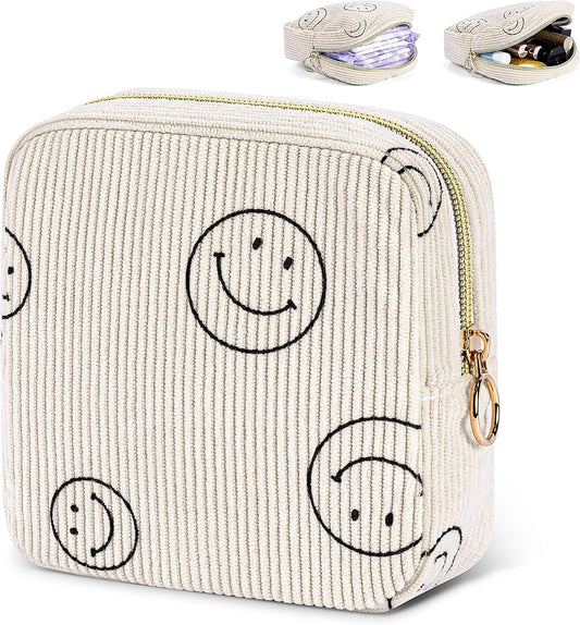 Period Bag for Teen Girls Shark Week Pouch Corduroy Portable Sanitary Pad Bags for Period Teen Period Pads Pouch for Panty Liners, Tampons, Menstrual Cup - Beige